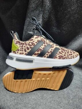adidas Kids Leopard Print Sneakers with Black Stripes and Green Heel Tab